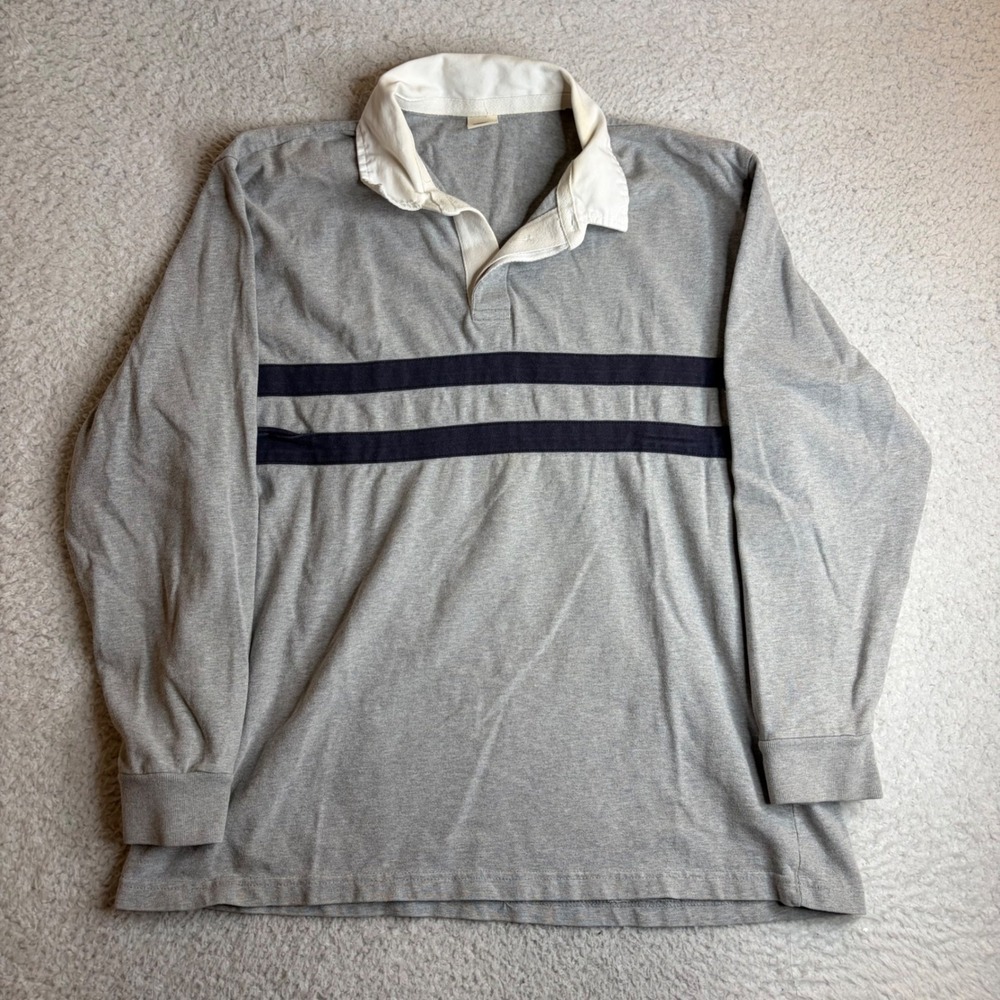 Y2K Old Navy Mens XXL Rugby Shirt Gray Long Sleeve Navy Stripe Cotton Jersey